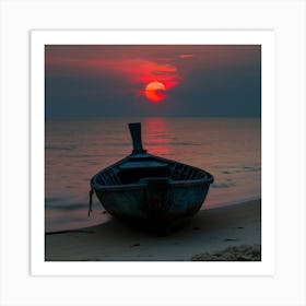 Sunset Boat On The Beach Art Print