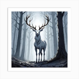 A White Stag In A Fog Forest In Minimalist Style Square Composition 62 Art Print