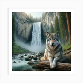 Wolf By The Waterfall Art Print