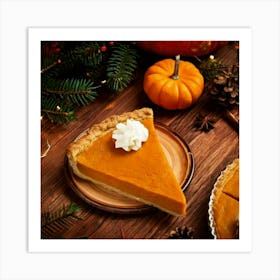 Firefly Pumpkin, Pie, Slice, Whipped, Cream, Close Up, Wooden, Table, Top View, Thanksgiving, Food, (2) Art Print