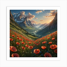 Amazing landscape, mountains, poppies Art Print