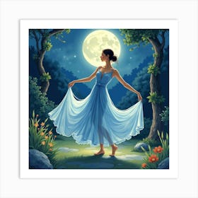 Watercolor Portrait Of A Dancer In A Moonlit Garden 1 Art Print