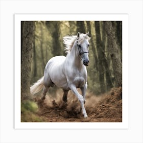 White Horse Galloping In The Forest Art Print