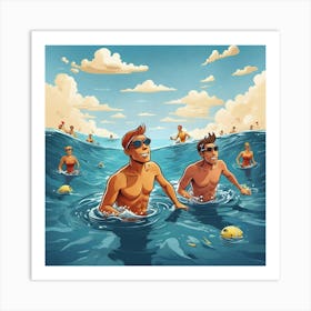 Swimmers Swim In Ocean Cartoon Art Print 1 Art Print