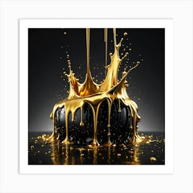 Liquid Elegance: Golden Liquid Splash On Black Background Art Print