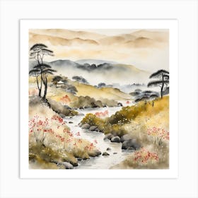 Japanese Landscape Painting Sumi E Drawing (16) Art Print