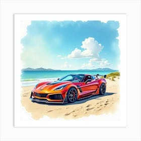 Chevrolet Corvette Zr1 In A Colorful, Watercolor Beach Setting Art Print