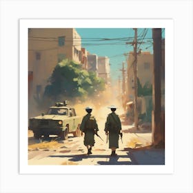 Two Soldiers Walking Down The Street Art Print