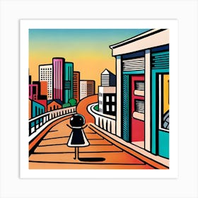 Girl In A City, City skyline, Colorful Art print, Buildings and Stripes, colorful city Art Print