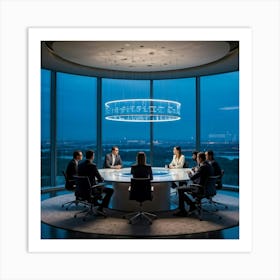 Business Team In Mid Strategizing Session Seated Around A Sleek Oval Glass Table Reflecting Ambien (5) Art Print