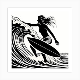 Surfer Girl On A Beach Linocut Black And White Painting Solid White Background, INTO THE WATER, surfing Art Print
