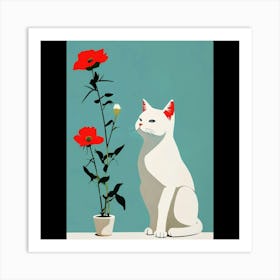 Cat With Red Roses Art Print
