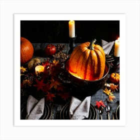 Autumnal Table Setting Cradling A Half Carved Roasted Pumpkin Candlelight Flickering Within Casting (3) Art Print