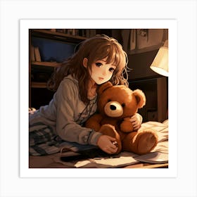 Anime Girl With Teddy Bear Art Print