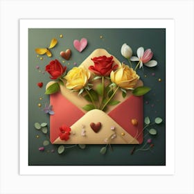 An open red and yellow letter envelope with flowers inside and little hearts outside 2 Art Print