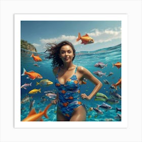 Beautiful Woman Swimming In The Sea Art Print