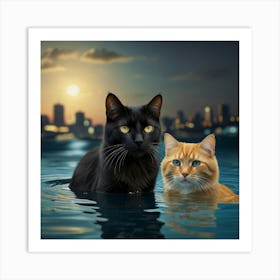 Two Cats In The Water Art Print