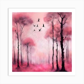 Pink Forest With Birds Art Print