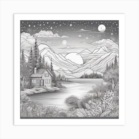 House In The Mountains Doodle Landscape Art Print