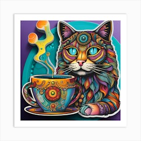 Cat With A Cup Of Coffee Whimsical Psychedelic Bohemian Enlightenment Print 6 Art Print
