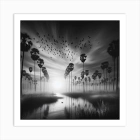 Black And White Photograph Of Palm Trees Art Print