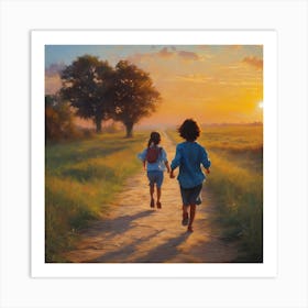 Two Children Walking Together At Sunset Art Print