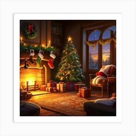 Cozy Christmas Eve Crackling Fireplace Casting A Soft Glow On The Elaborate Decorated Tree Toys Su (1) Art Print