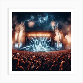 Concert At Night With Fireworks Art Print