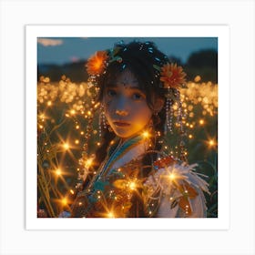 Girl In A Field With Lights Art Print