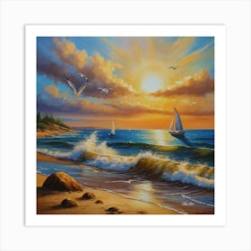 Oil painting design on canvas. Sandy beach rocks. Waves. Sailboat. Seagulls. The sun before sunset.9 Art Print