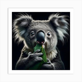 Cute Koala chewing on leaf portrait isolated on black background 3 Art Print