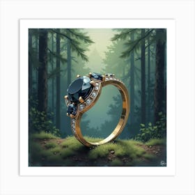 Black Diamond Ring, Watercolor, Moody Forest 1 Art Print