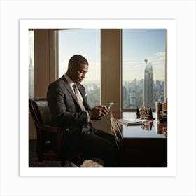 Businessman Clad In A Tailored Suit Texting On A Sleek Smartphone Seated At An Ornate Mahogany De (5) Art Print