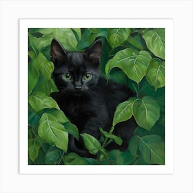 Black Kitten In Green Leaves 1 Art Print