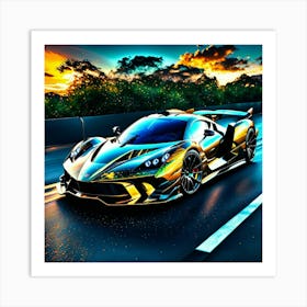 Golden Sports Car At Sunset Art Print