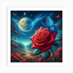 Red Rose And Butterflies Art Print