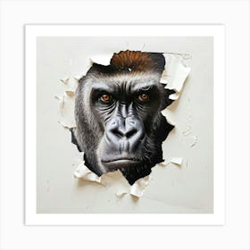 Gorilla Face Emerging From Ripped Paper Hyperrealistic Oil Painting White Background Black Ink G Art Print