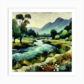 An Impressionist Illustration Depicts A River Winding Through A Meadow Featuring A Thick Black Outline 1 Art Print