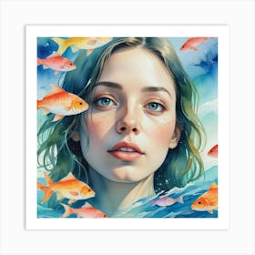 Girl With Fishes Art Print