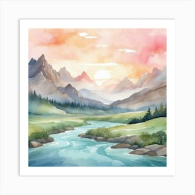 Watercolor Mountain Landscape Art Print