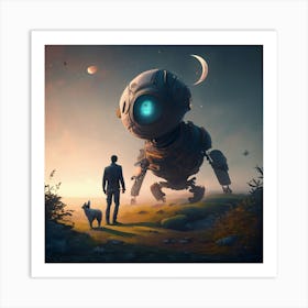 Man And Dog In Front Of A Robot Print Art Print