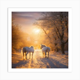 Two Unicorns In The Snow Art Print