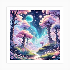 A Fantasy Forest With Twinkling Stars In Pastel Tone Square Composition 387 Art Print