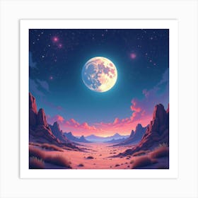 Watercolor Moonlit Alien Desert With A Colorful Starry Sky Overhead 1 Art Print