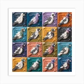 Painted Pigeons A Vibrant Grid Of Textured Color (2) Art Print