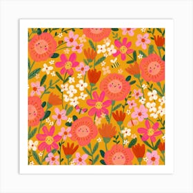 Happy Meadow Floral Pattern Square Art Print
