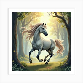 An Elegant Horse With A Mane Of Flowing, Watercolor Swirls Galloping Through A Fantasy Forest Art Print