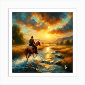 Cowboy Riding Across A Stream 5 Copy Art Print