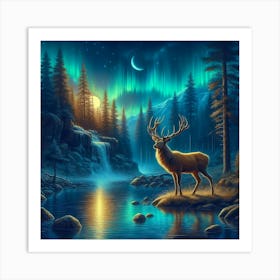 Deer In The Forest At Night Art Print