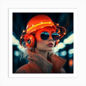 Neon Girl With Headphones Art Print